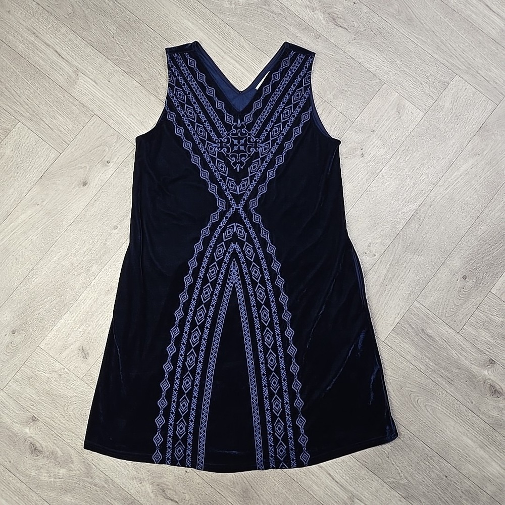 THML Anthropology L Velvet Navy Embroidered Knee Length Dress Sleeveless Pockets